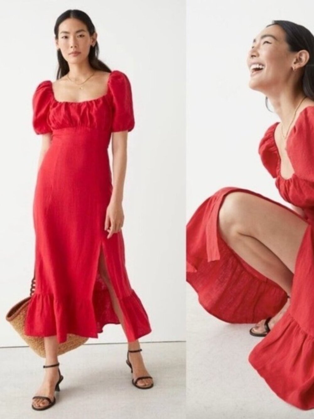 & Other Stories Linen Dress w/ Puff Sleeves in Red